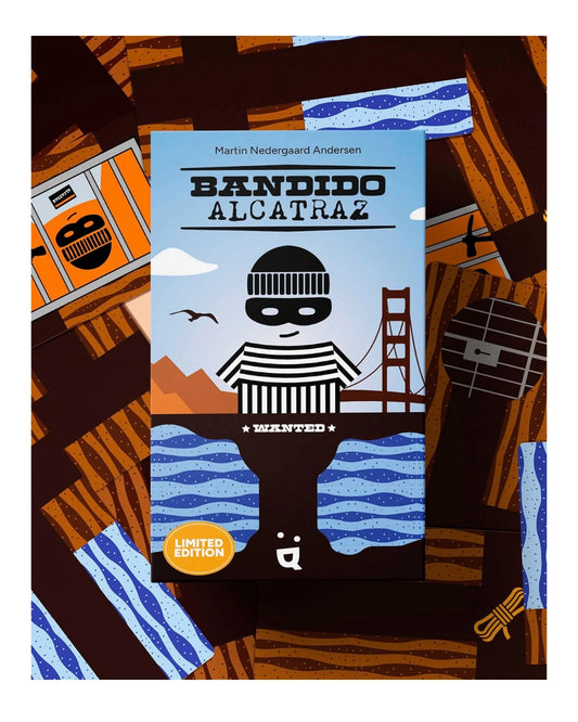 Card game 'Bandido Alcatraz' with a stylised illustration of a prisoner on a bridge.