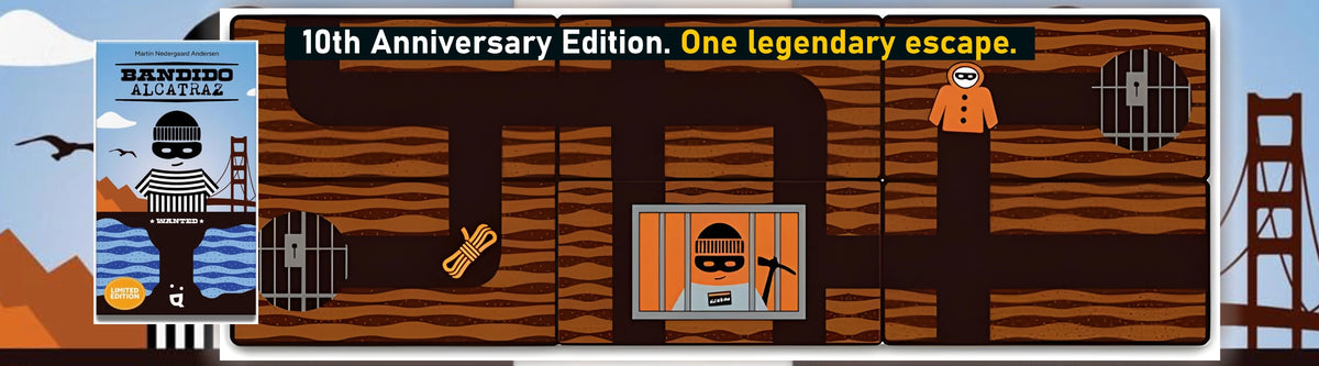 Promotional graphic for a 10th Anniversary Edition for Bandido Alcatraz card game with a stylised illustration of a prisoner and escape scene.