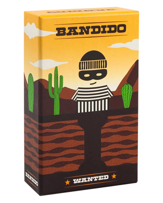 Card game product box with a western-themed illustration. The box features the word 'BANDIDO' at the top and 'WANTED' at the bottom, with a cartoon thief wearing a black-and-white striped shirt and mask standing in front of cacti and mountains.