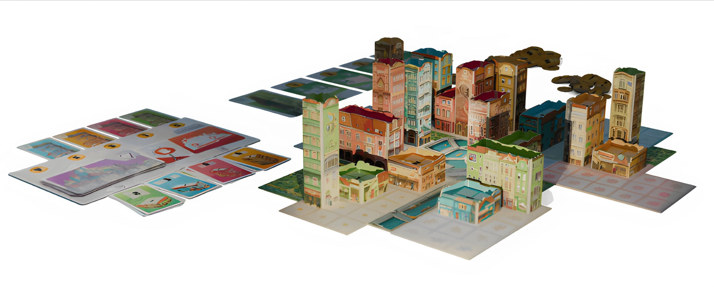 Bella Vista board game model cityscape with buildings and streets, with in-game cards on a white background.