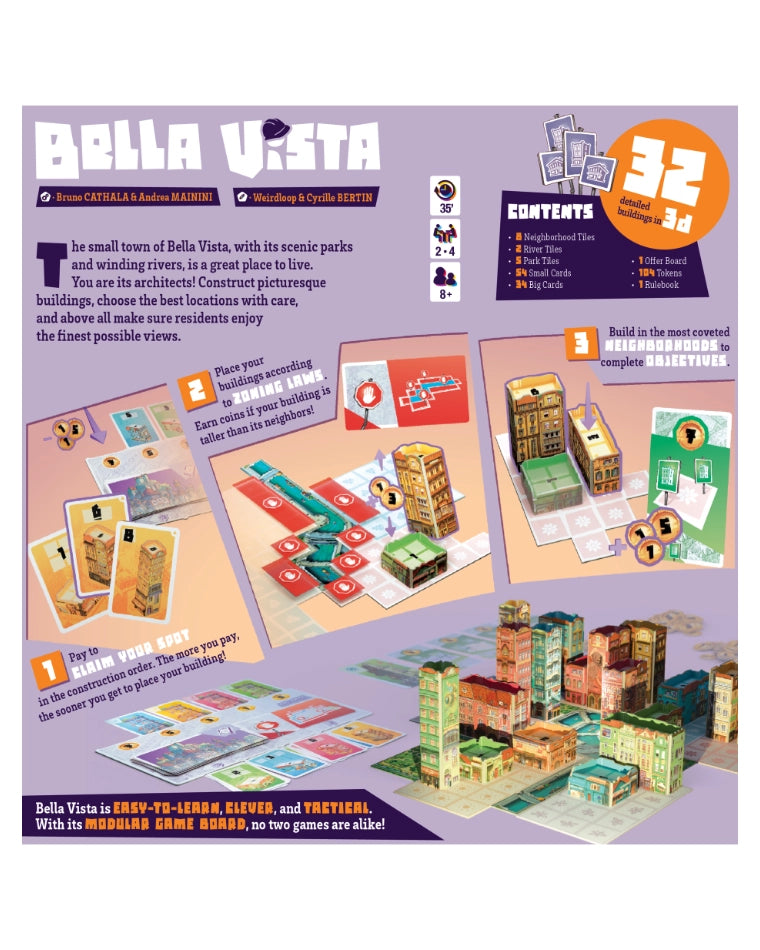 Board game packaging for Bella Vista with game components displayed.