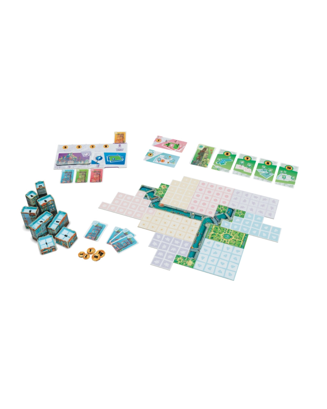Bella Vista board game with buildings and streets arranged on a plain white background, including a long grid board with green and blue sections, small illustrated cards, stacks of blue and green building pieces, and a few gold-coloured dice.
