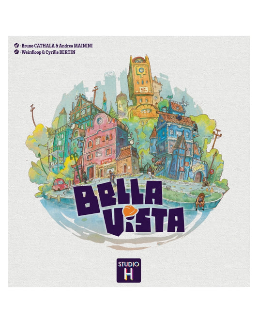Cover of 'Bella Vista' board game with colourful illustration of a town and Studio H logo.