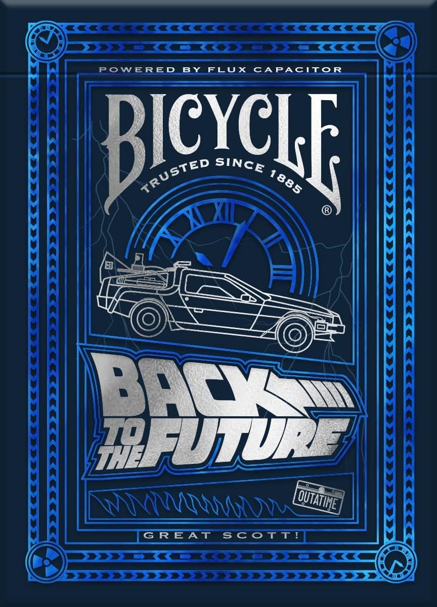 Bicycle Back to the Future playing cards packaging with DeLorean and text on a blue background