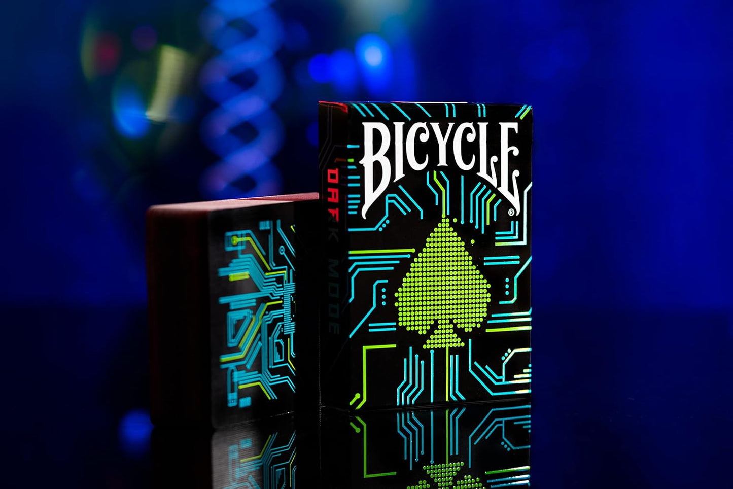 Bicycle playing card box with futuristic design on a dark background