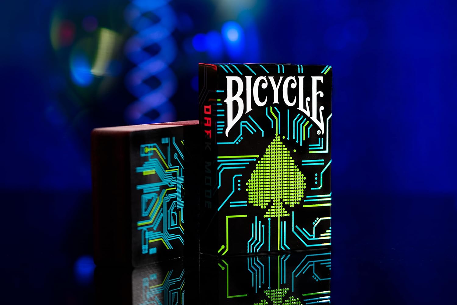 Bicycle playing card box with futuristic design on a dark background