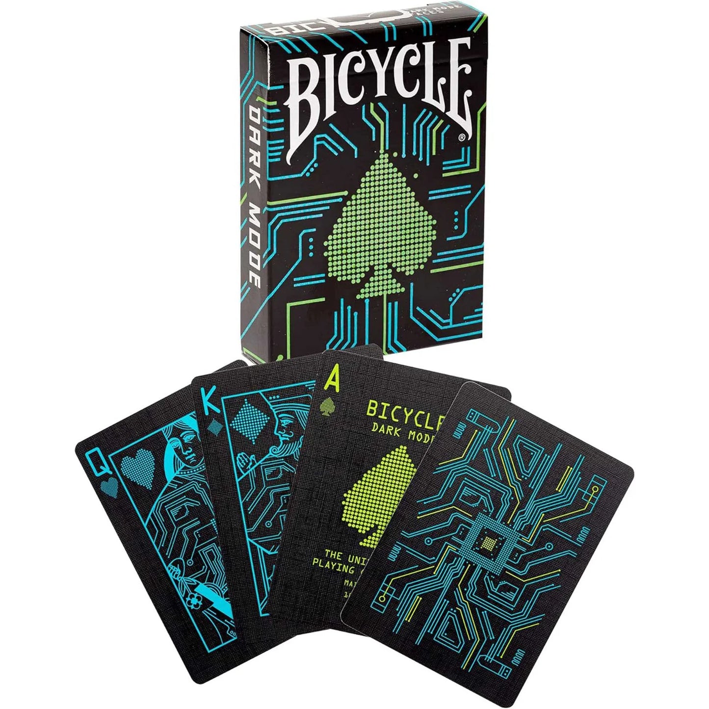Bicycle Dark Mode playing cards with a box on a white background