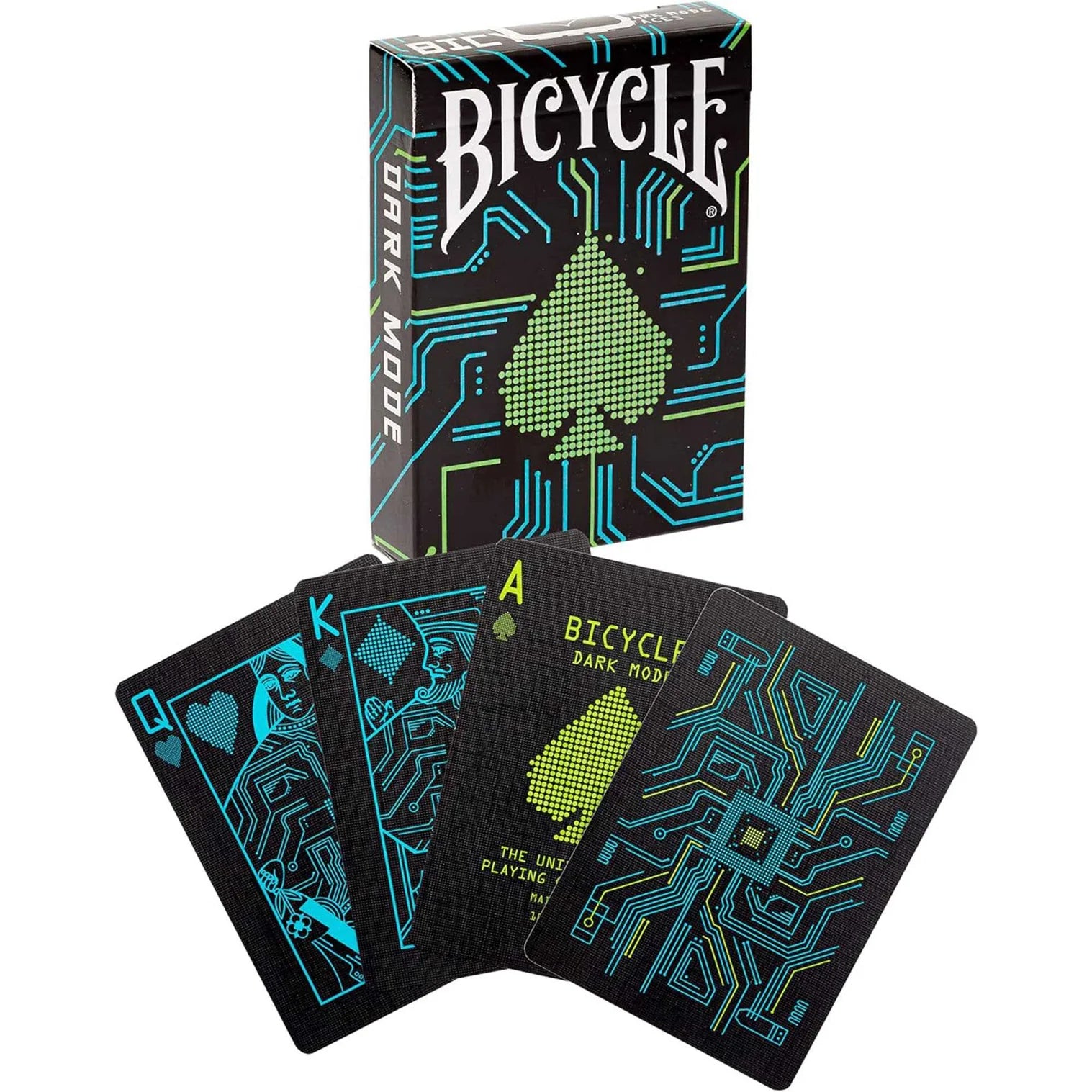 Bicycle Dark Mode playing cards with a box on a white background