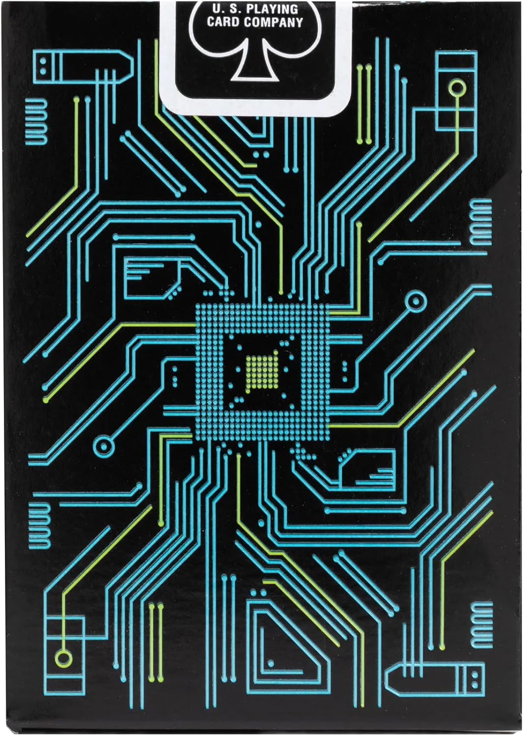 Playing card box with electronic circuit design and U.S. Playing Card Company logo.
