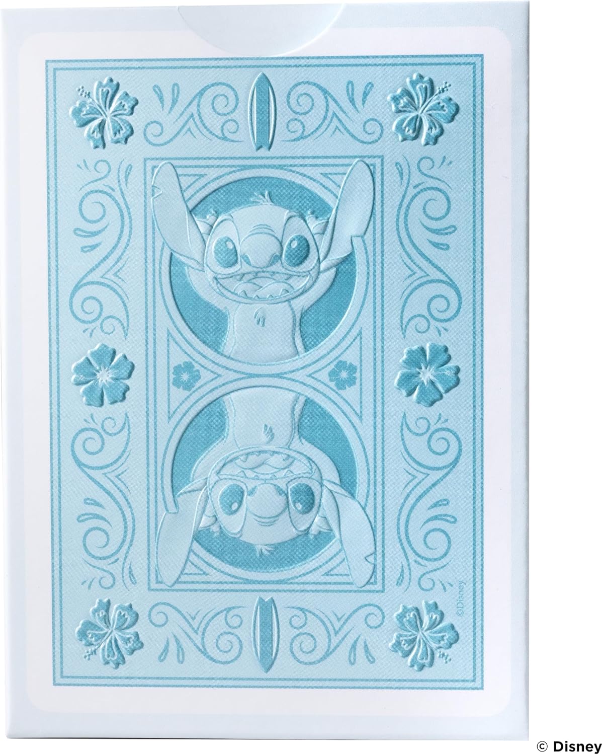Blue playing card with cartoon character and decorative elements on a white background