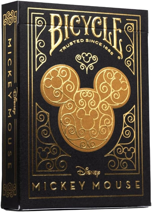 Bicycle Mickey Mouse playing cards packaging with gold design on black background