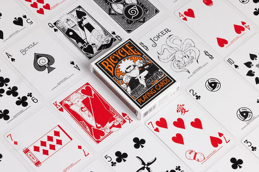 Bicycle playing cards with various card designs on a white background