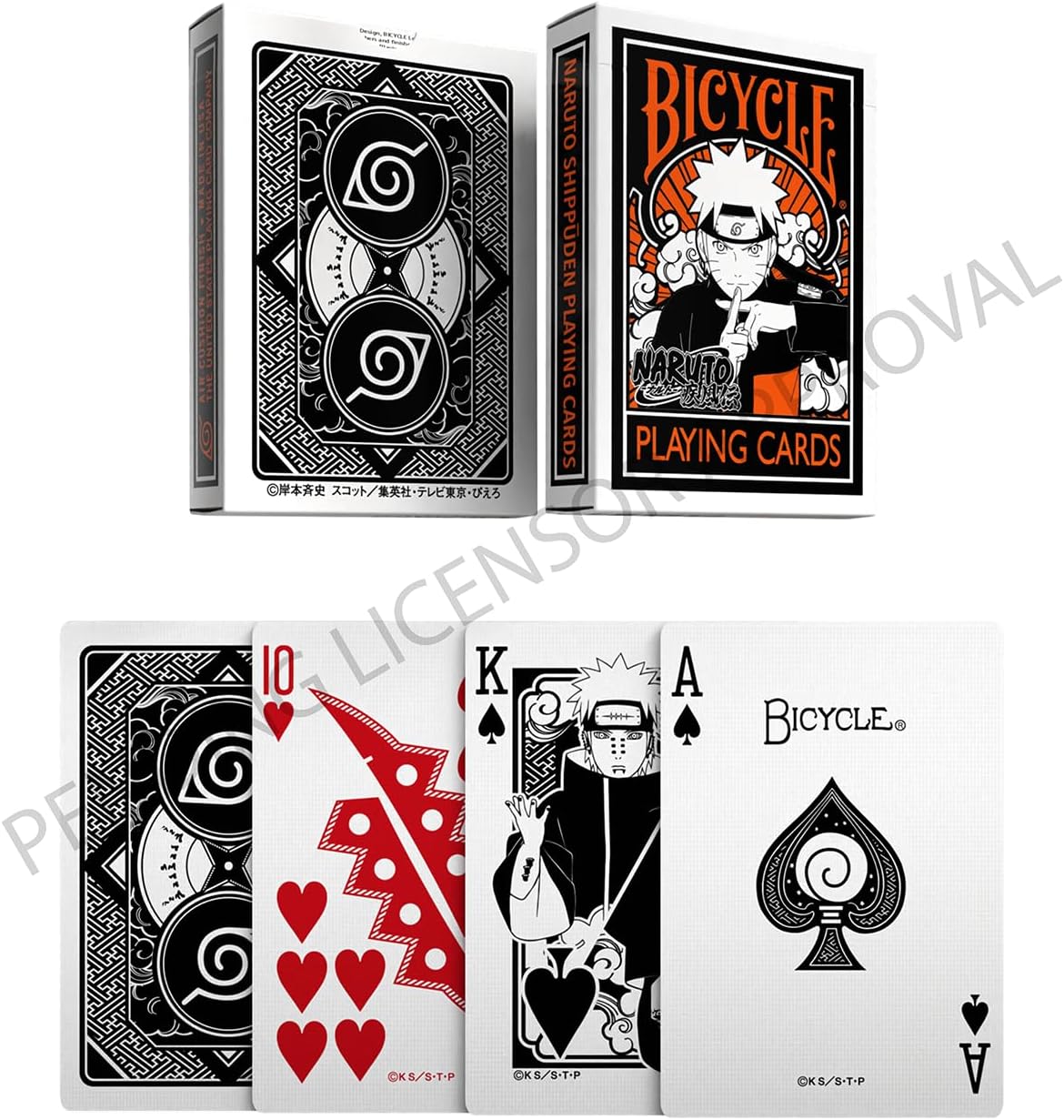 Bicycle Naruto playing cards with packaging and card samples on a white background