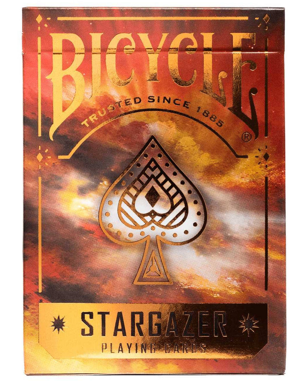 Bicycle Stargazer 202 playing cards packaging with fiery design and gold accents.