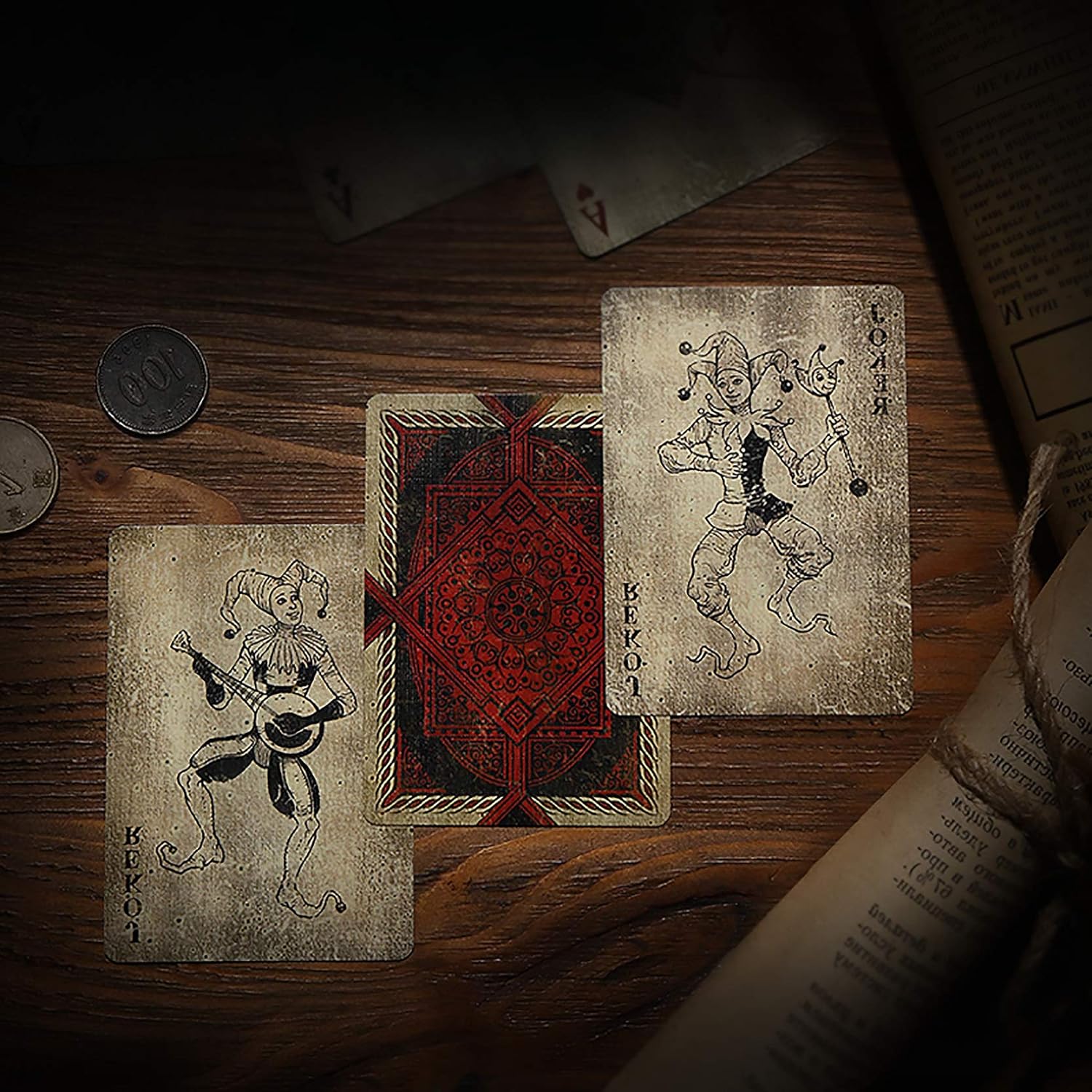 Bicycle Vintage Playing Cards in red and gold joker cards