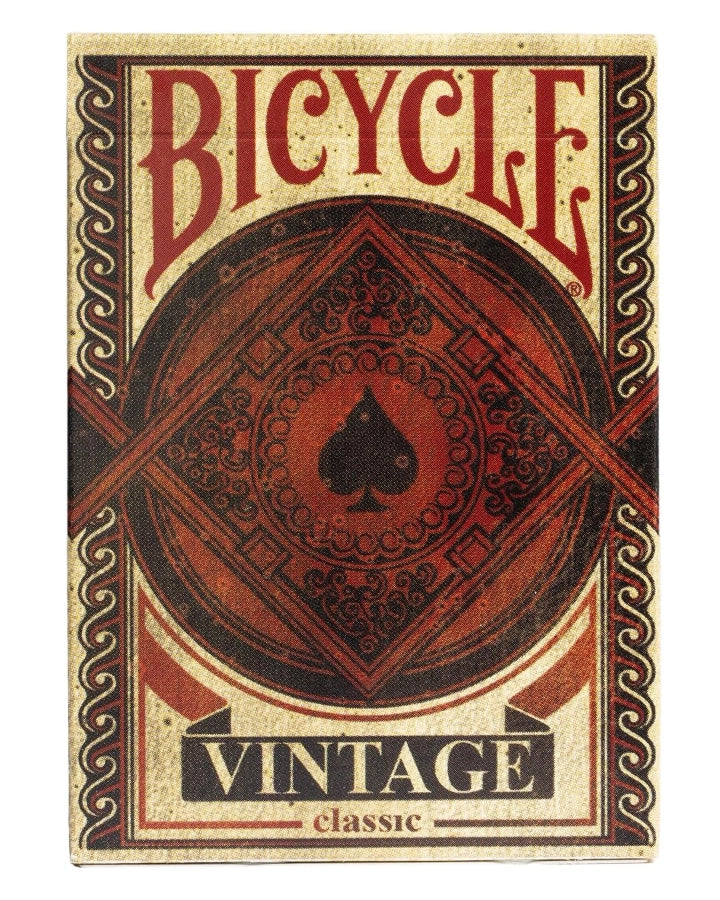 Vintage Bicycle playing card deck box featuring a classic red, black, and beige spade design with ornate scroll borders and the text 'BICYCLE' and 'VINTAGE classic'.