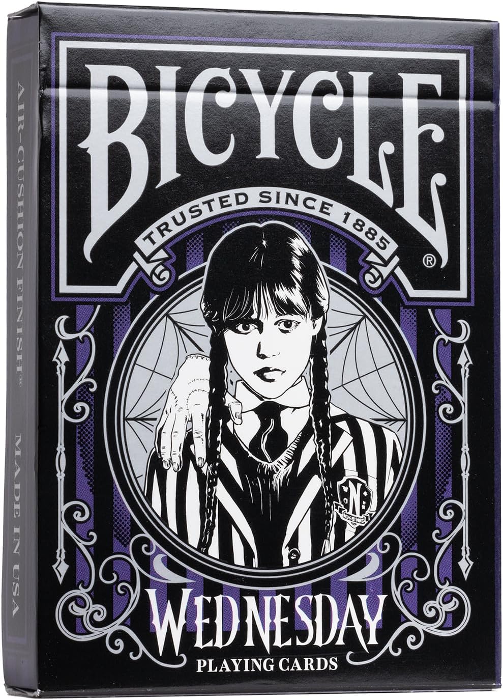 Bicycle Wednesday playing cards packaging with a black and white illustration of a character.
