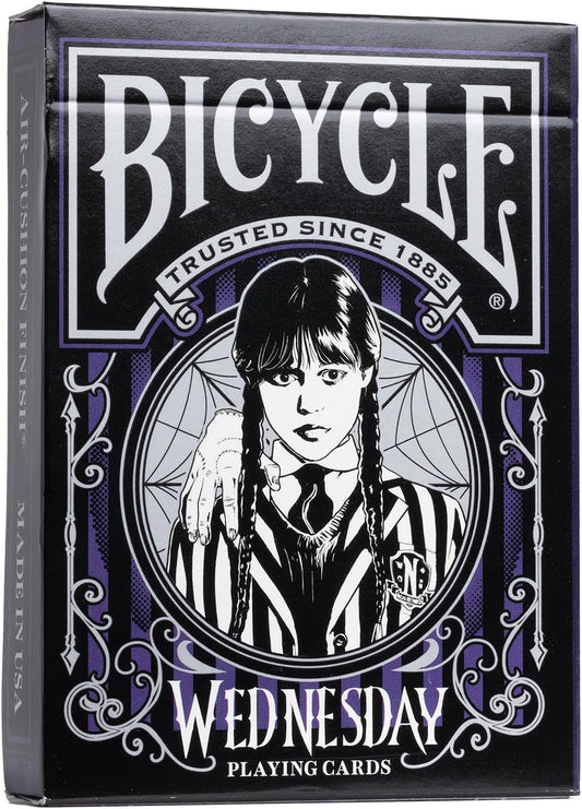 Bicycle Wednesday playing cards packaging with a black and white illustration of a character.