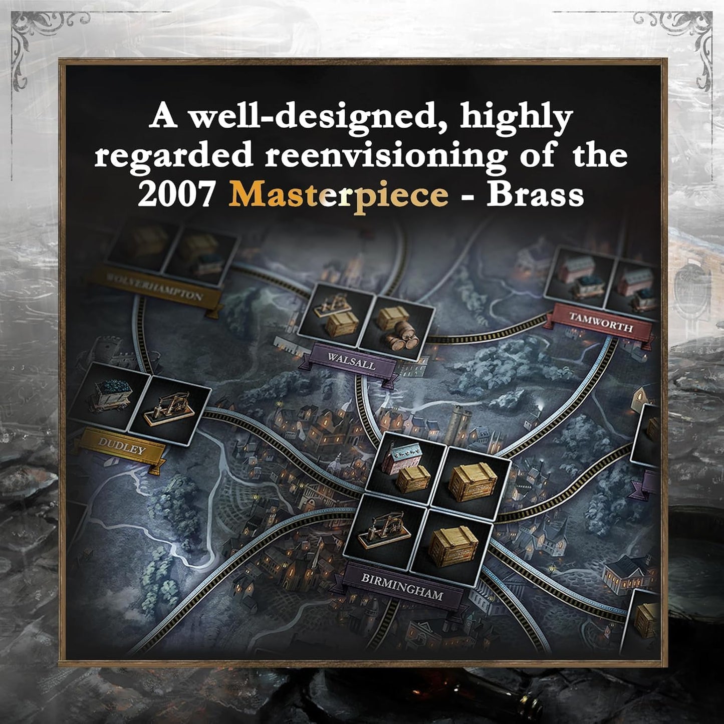 Board game setup with cities and roads on a dark background, text overlay about a reimagined version of a 2007 game.