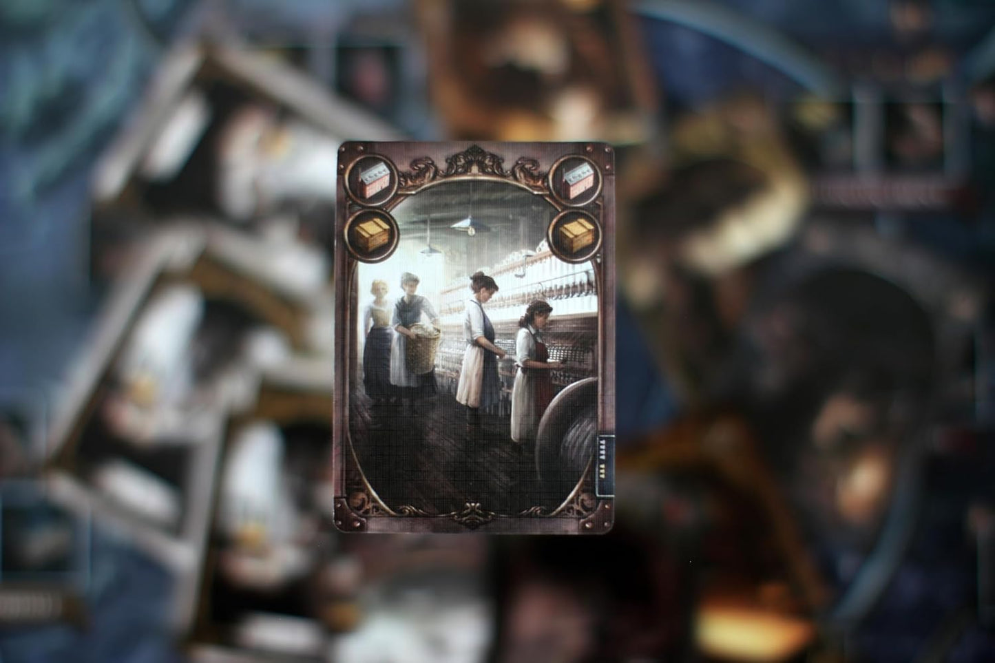 Vintage-style card with a scene of people in an industrial setting, surrounded by blurred similar cards.
