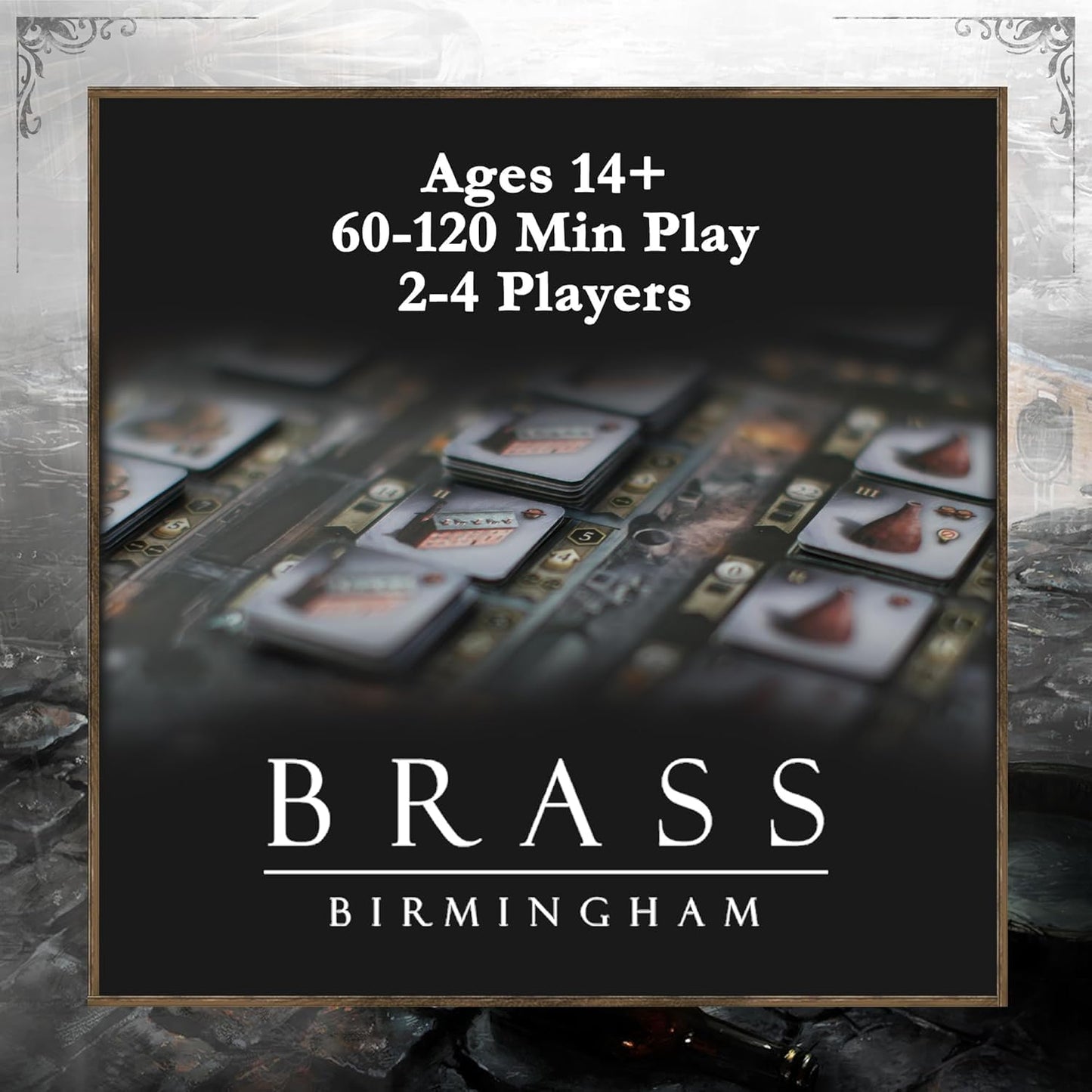 Game box for 'Brass Birmingham' with card game components on a dark background
