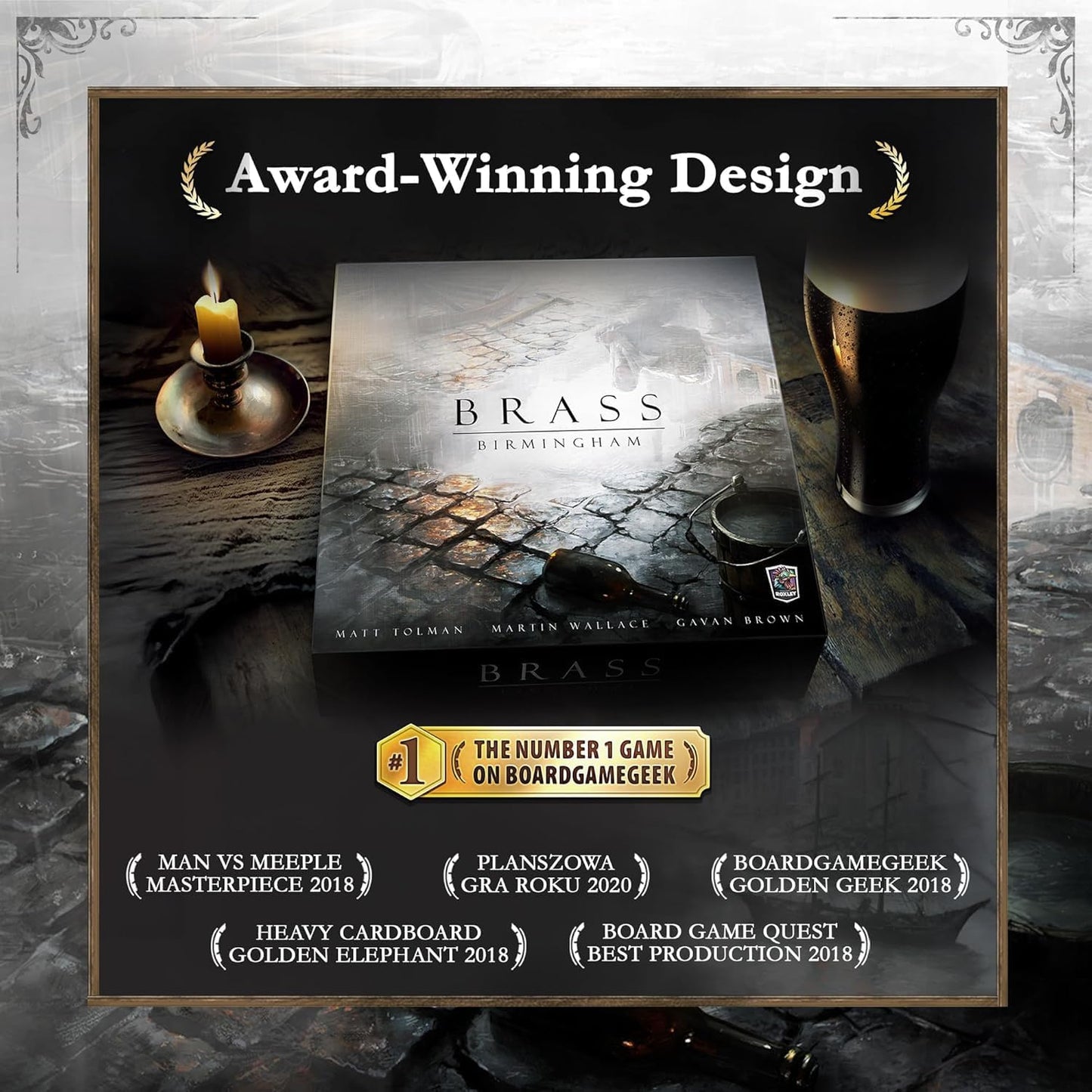 Board game box for 'Brass: Birmingham' with awards on a dark background