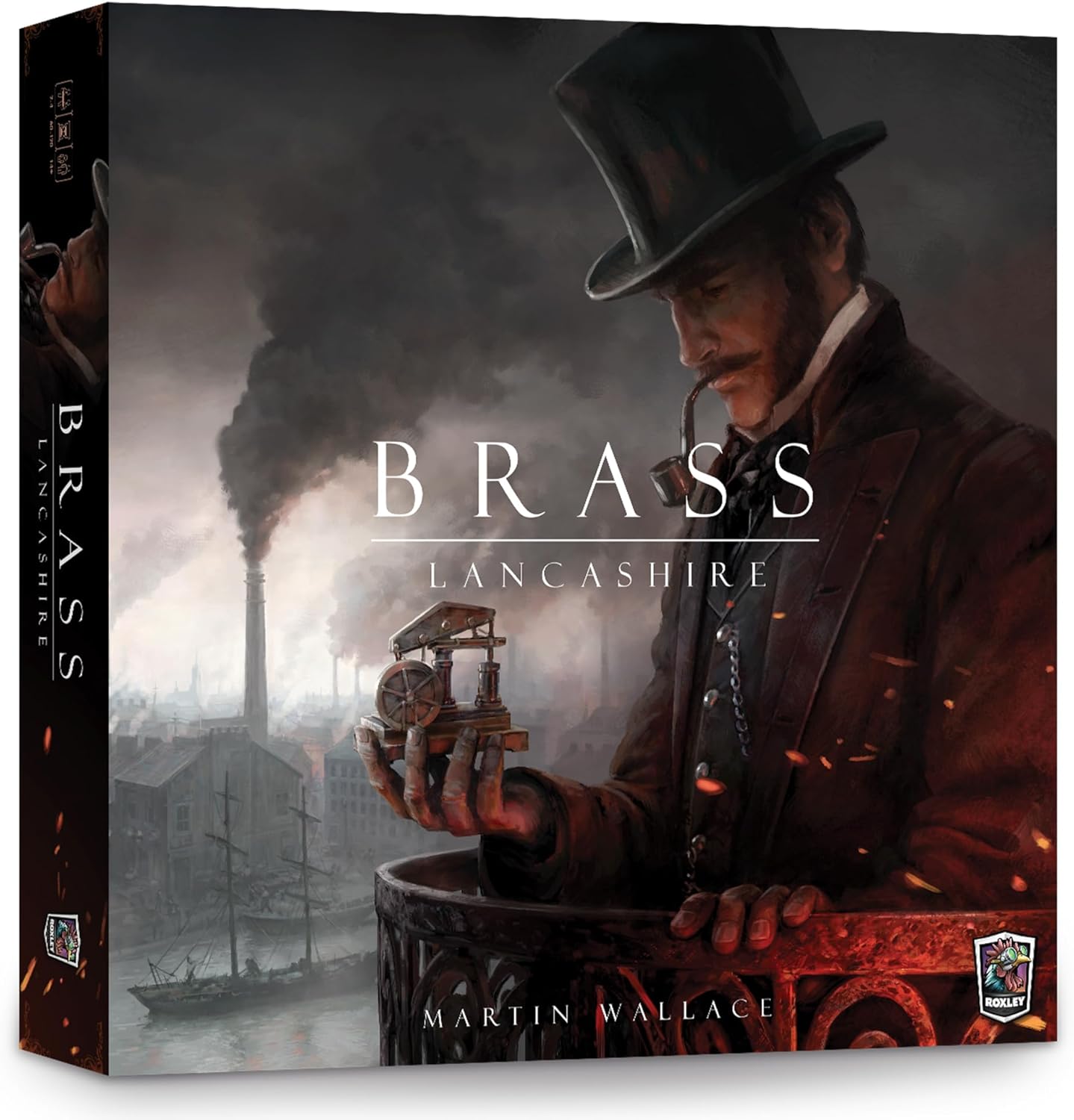 Board game box for 'Brass: Lancashire' featuring a man in a top hat with a smoking pipe.