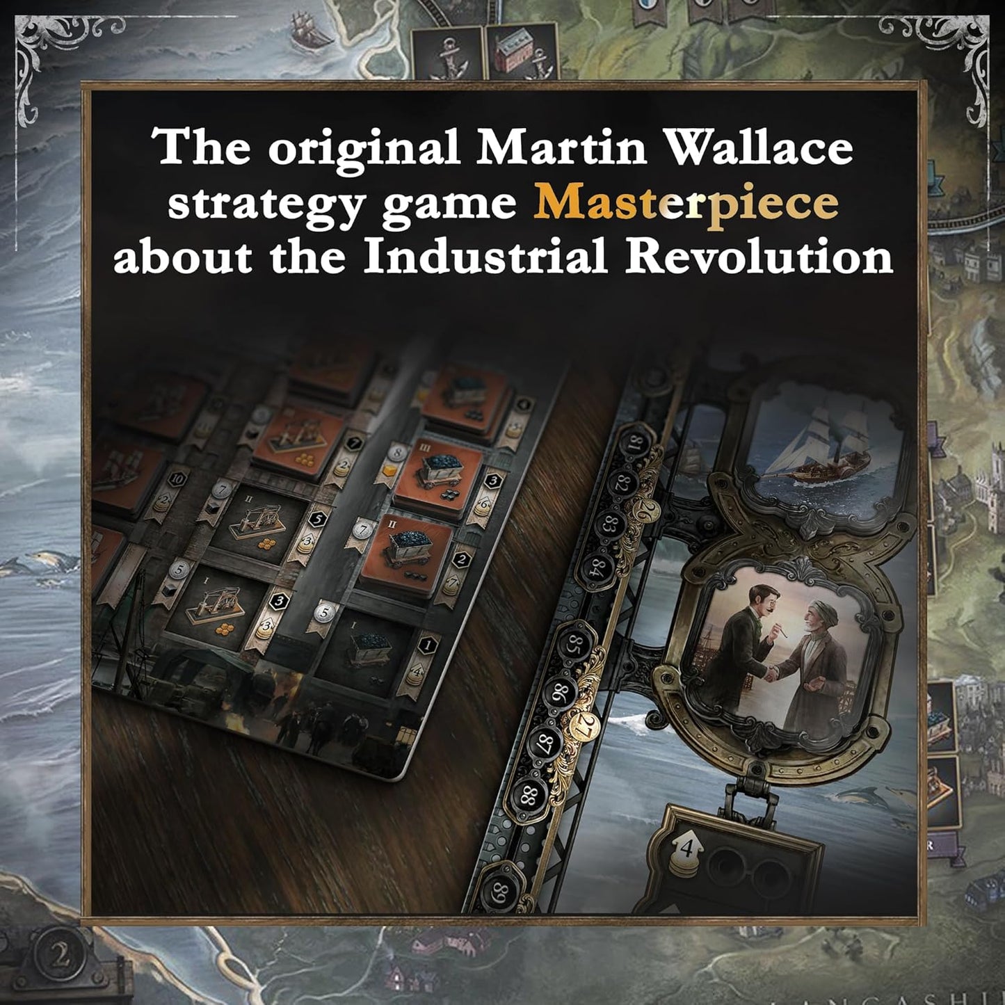 Strategy game box for 'Masterpiece' about the Industrial Revolution with text overlay.