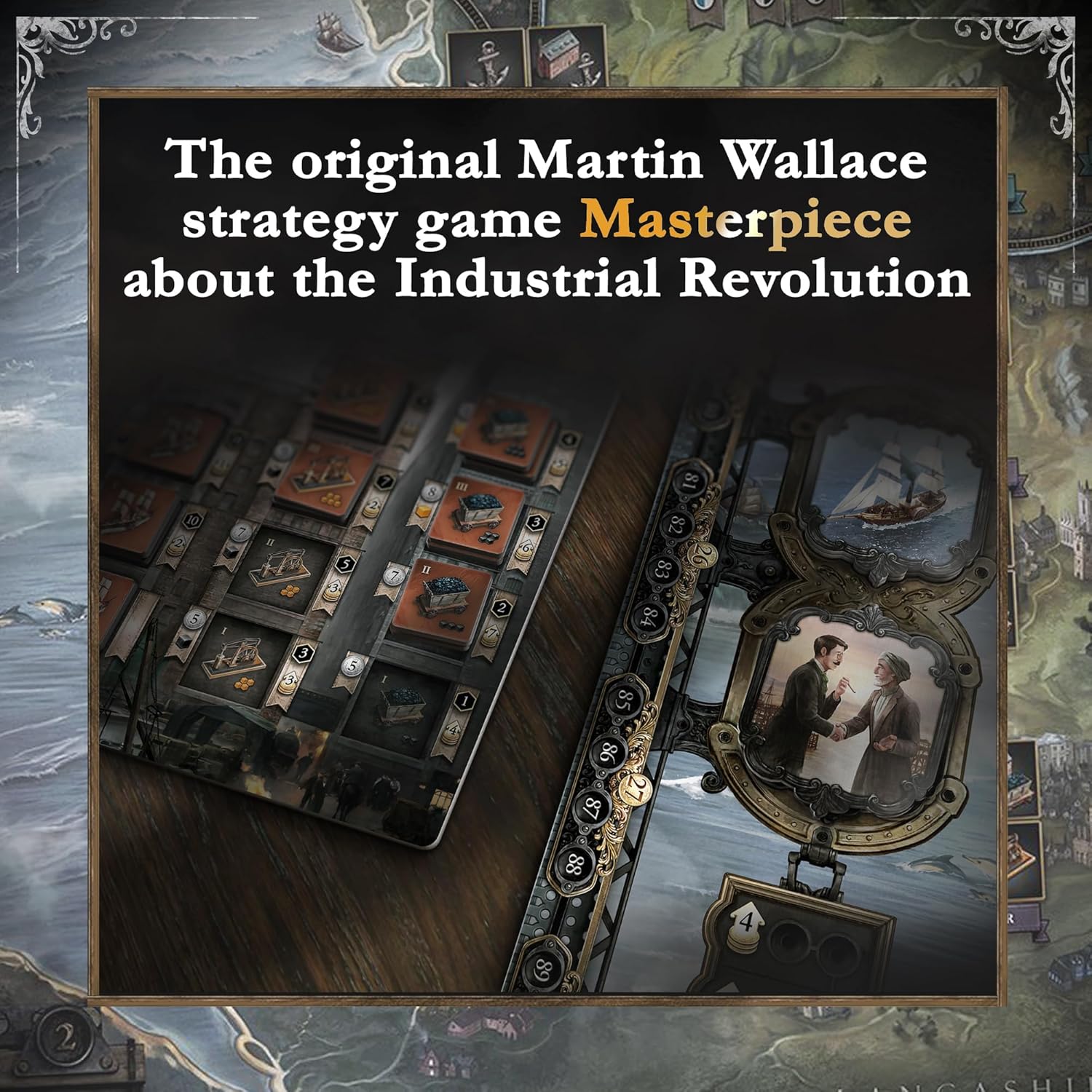 Strategy game box for 'Masterpiece' about the Industrial Revolution with text overlay.