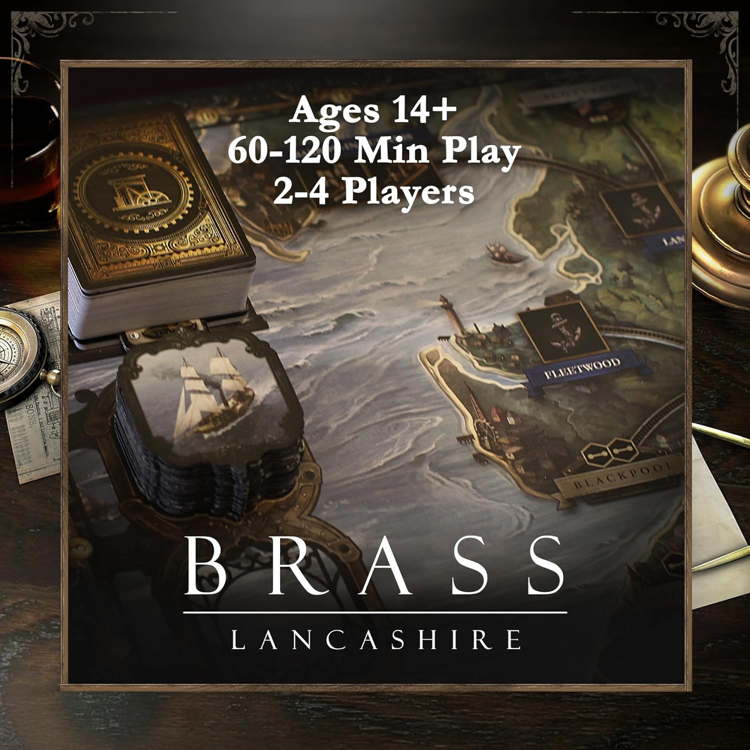 Game box for 'Brass Lancashire' with ship illustration and game components.