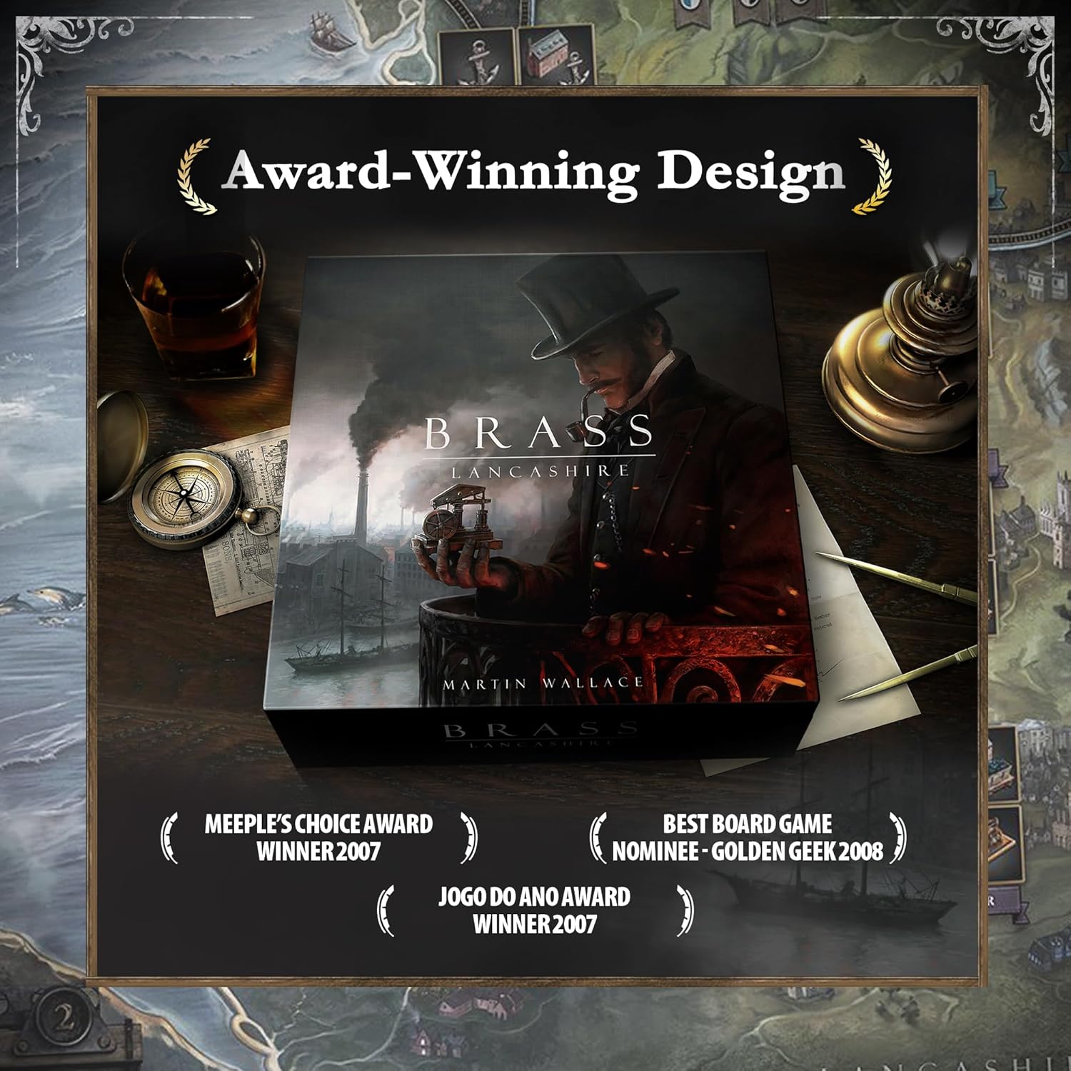Board game box for 'Brass: Lancashire' with awards text on a decorative background