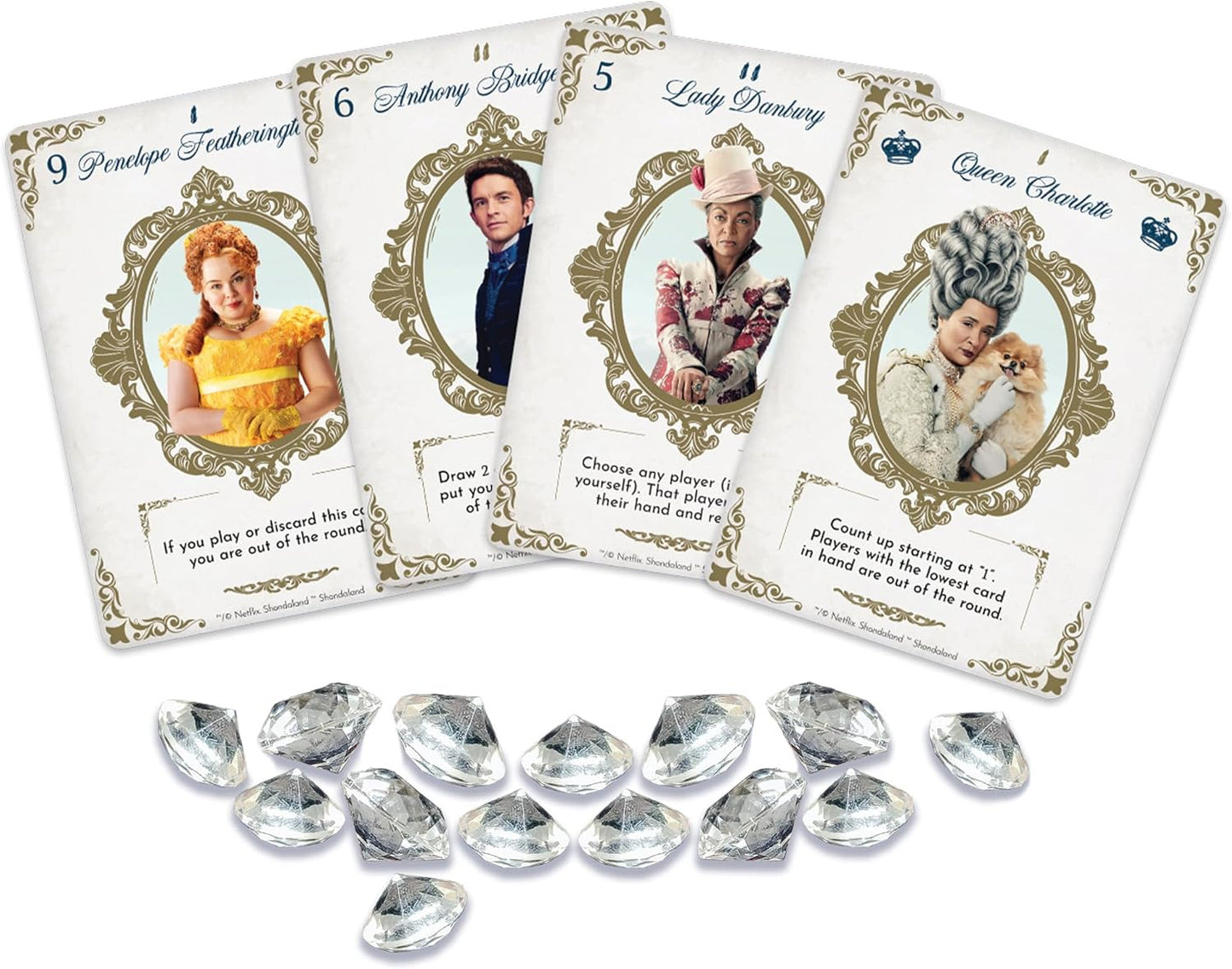 Card game with character cards and decorative gems on a white background