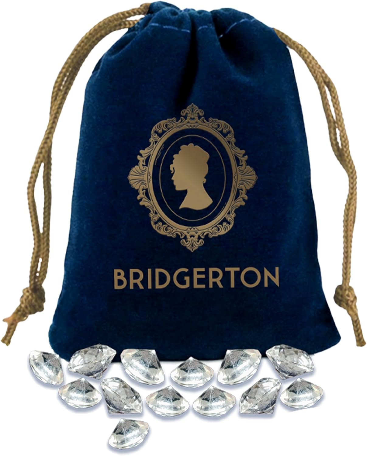 Navy blue drawstring bag with 'Bridgerton' logo and clear gemstones on a white background