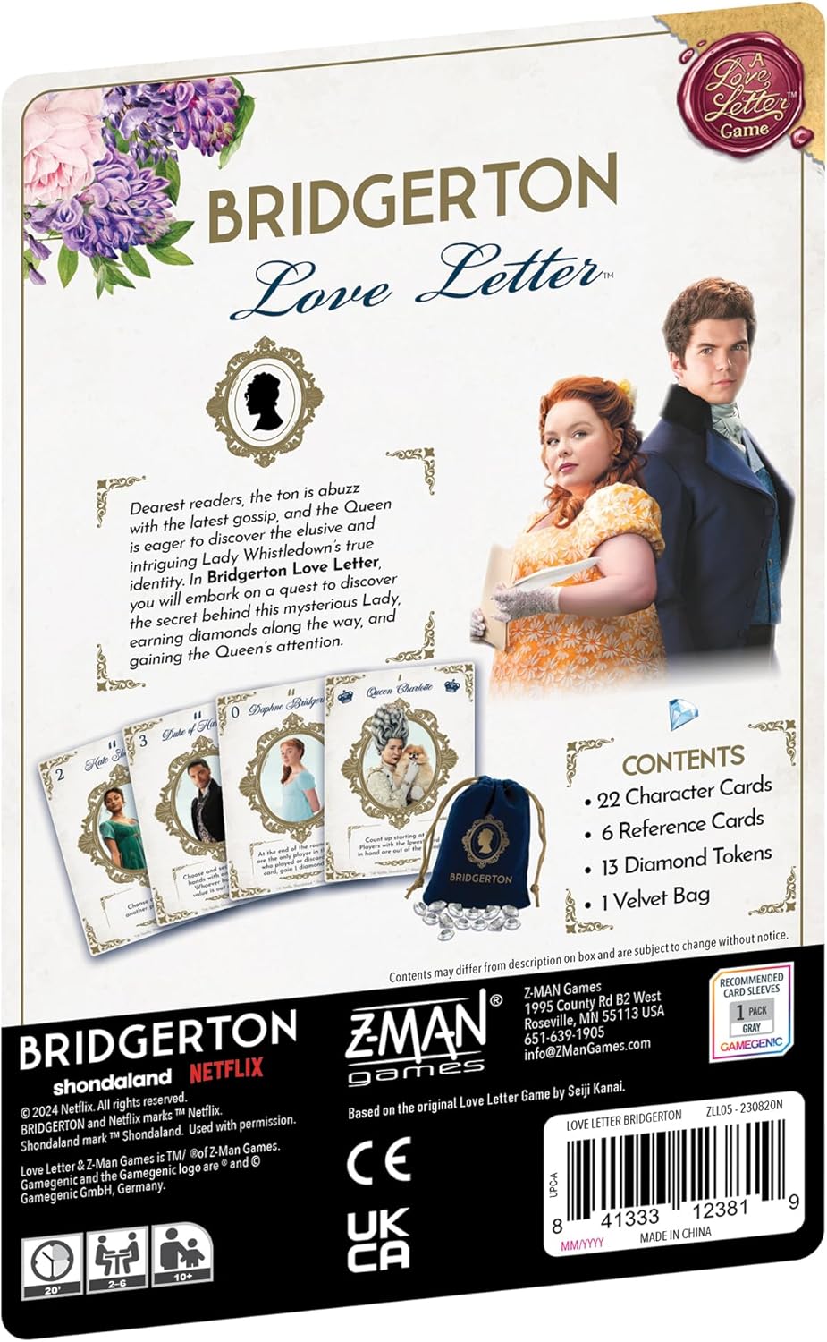 Bridgerton Love Letter game box with characters and contents listed