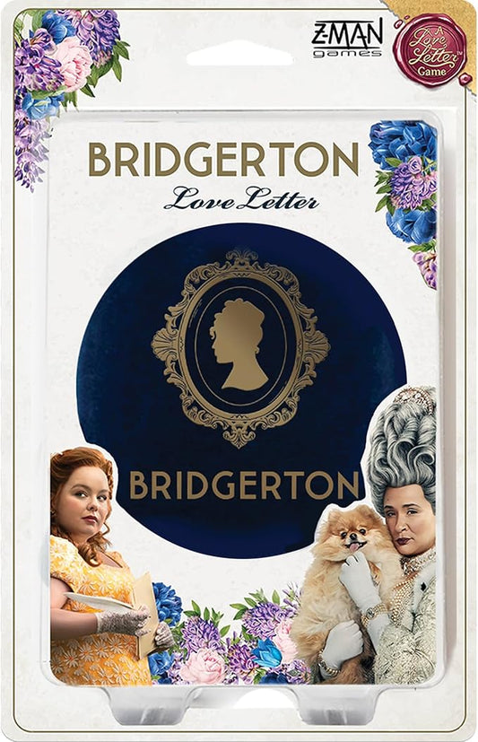 Packaging of 'Bridgerton Love Letter' game by Z-Man Games with characters and floral design.