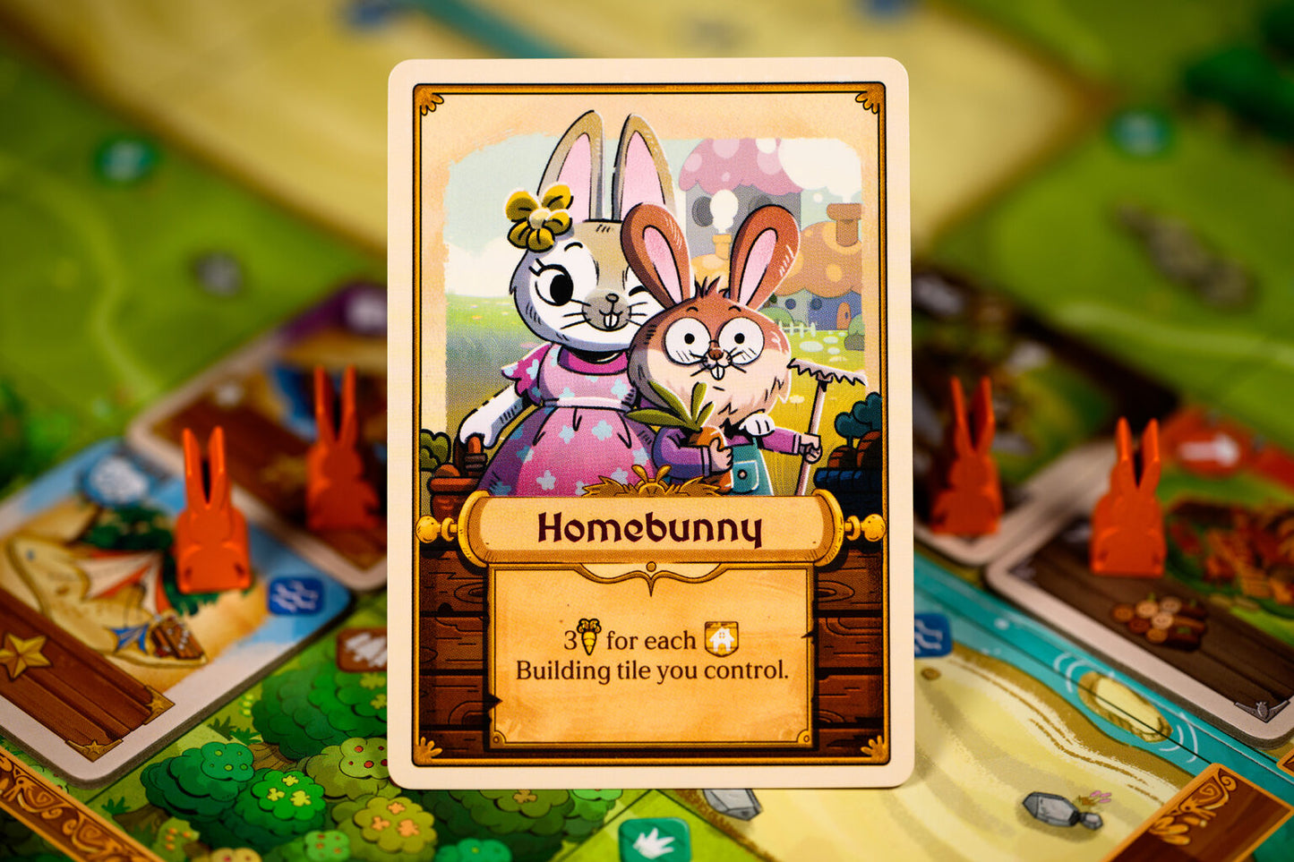 Bunny Kingdom Town game card featuring cartoon bunnies and text 'Homobunny' on a game board background