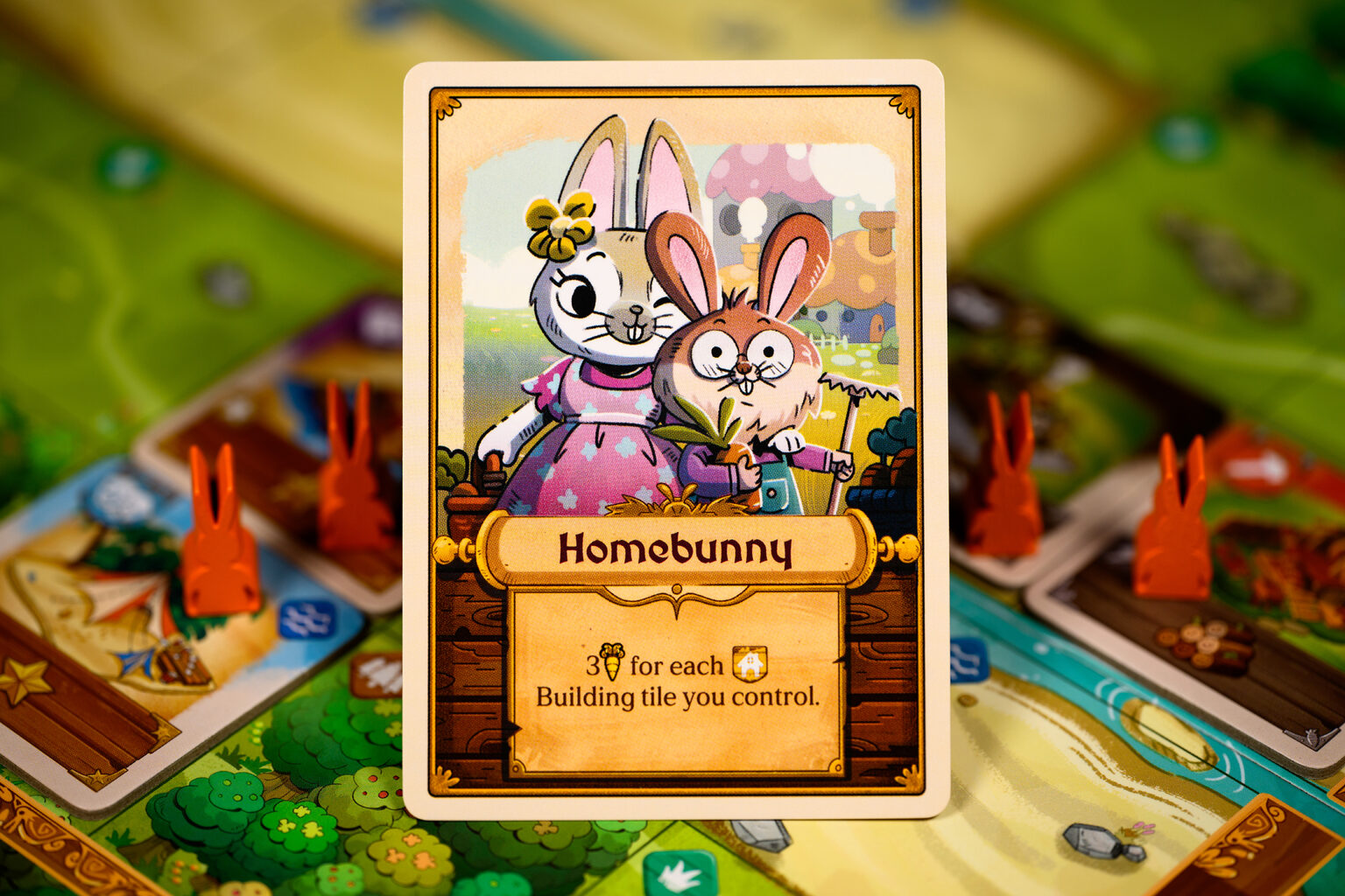 Bunny Kingdom Town game card featuring cartoon bunnies and text 'Homobunny' on a game board background