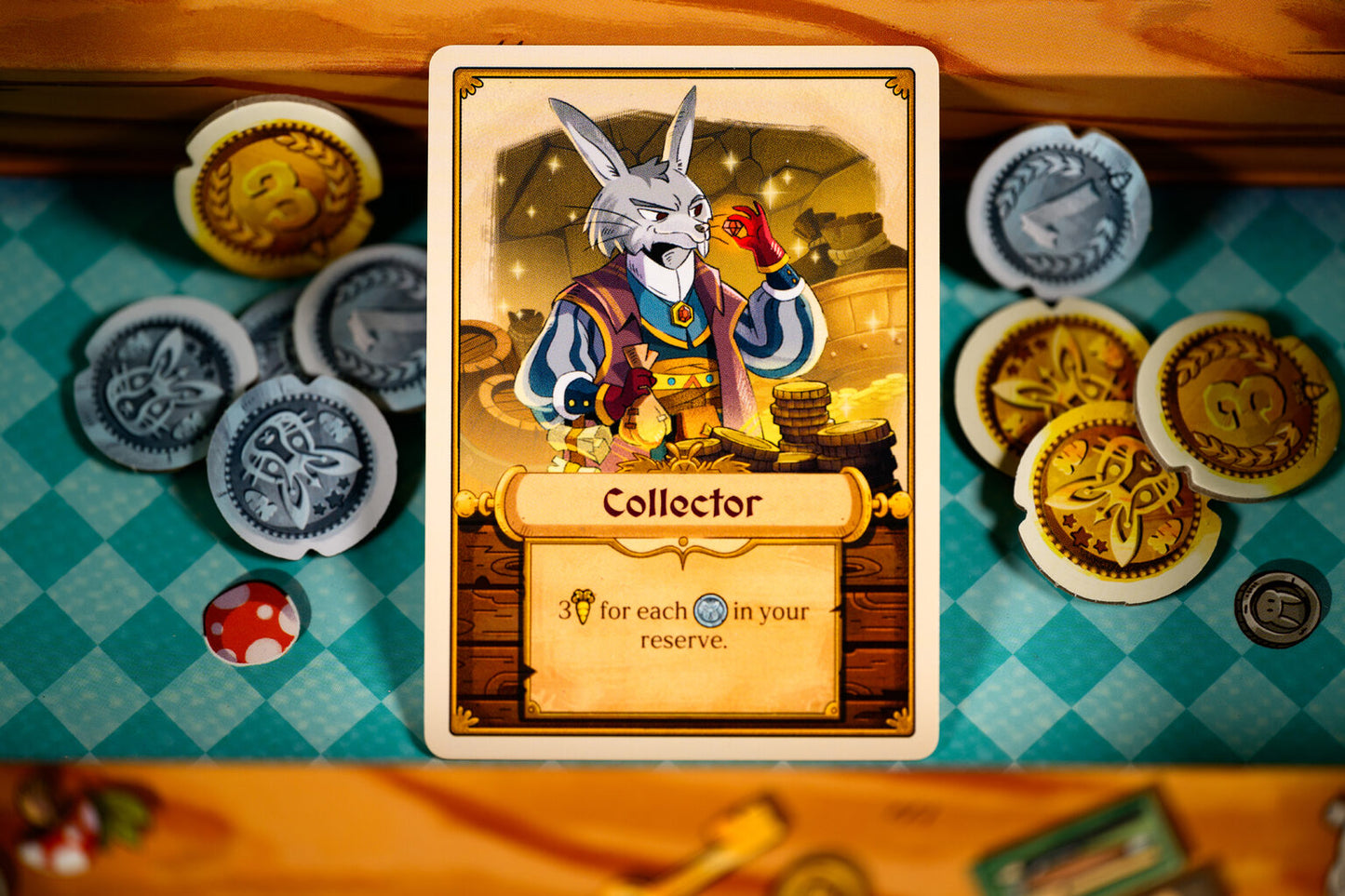 Bunny Kingdom Town card featuring a character named 'Collector' with game pieces on a checkered table