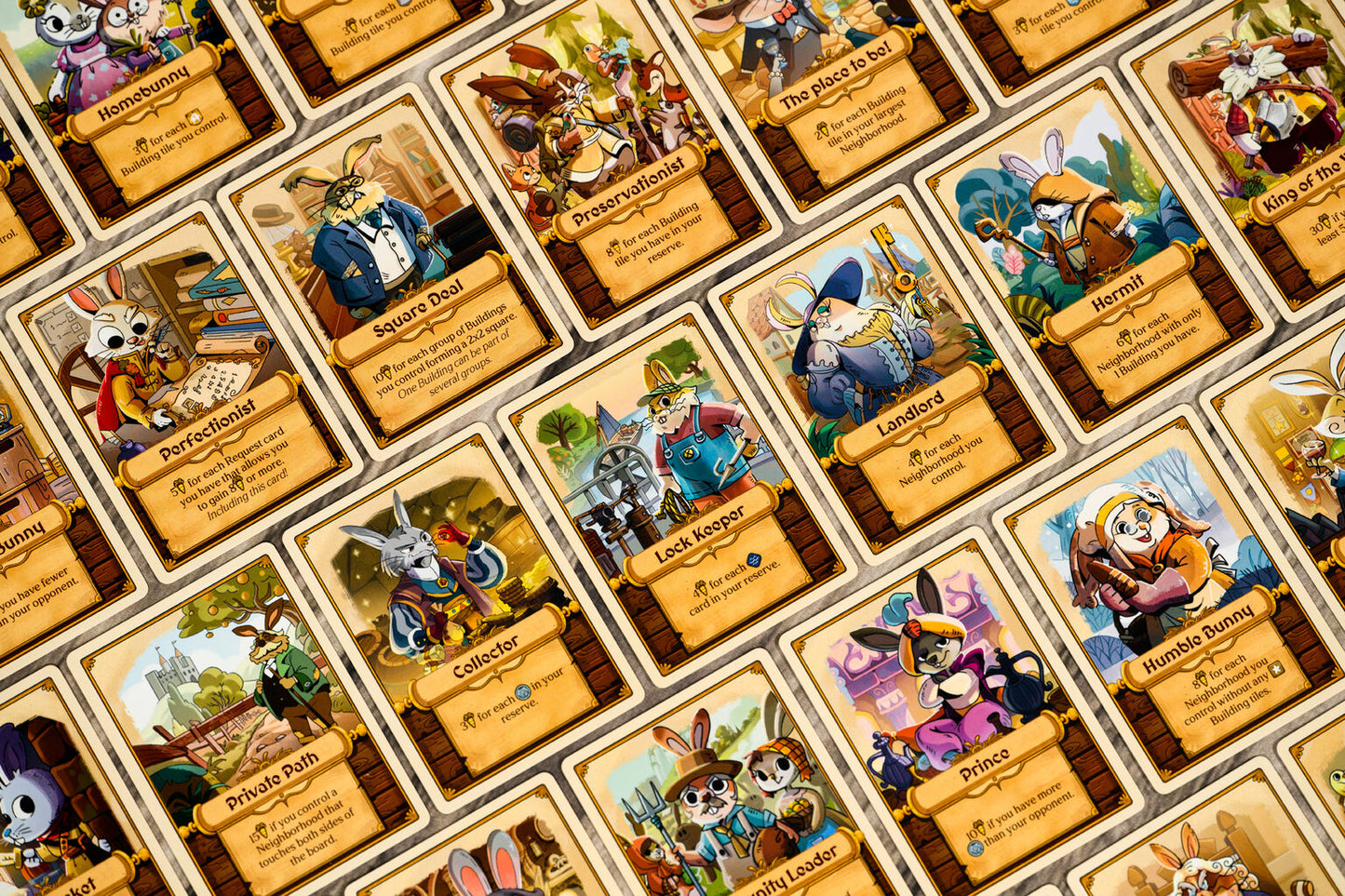 Collection of illustrated cards featuring various characters and text for Bunny Kingdom Town board game