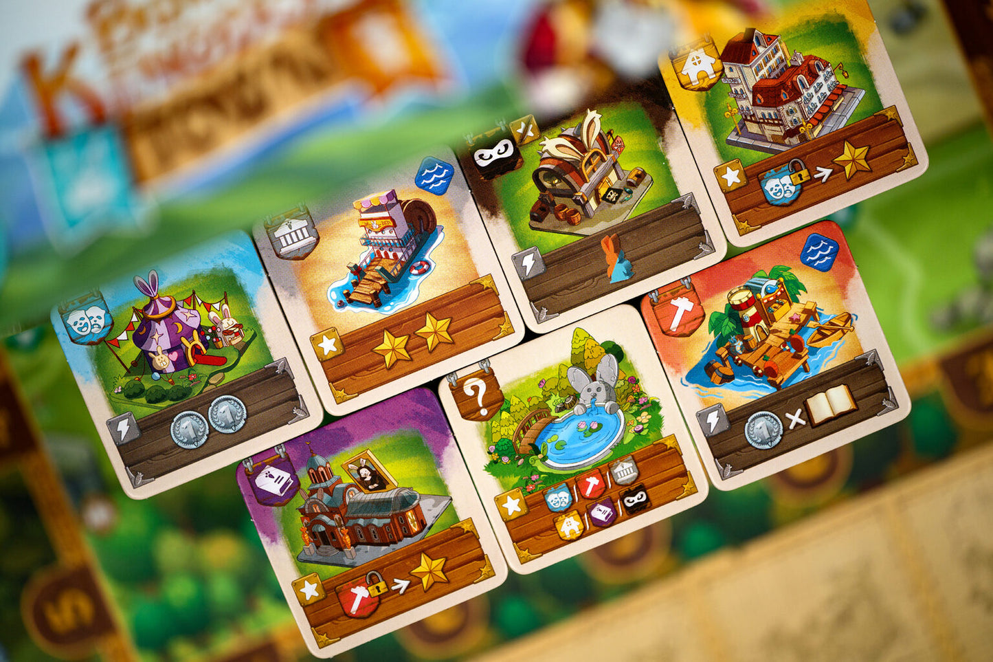 Collection of animated cards with various designs for Bunny Kingdom Town on a colourful background