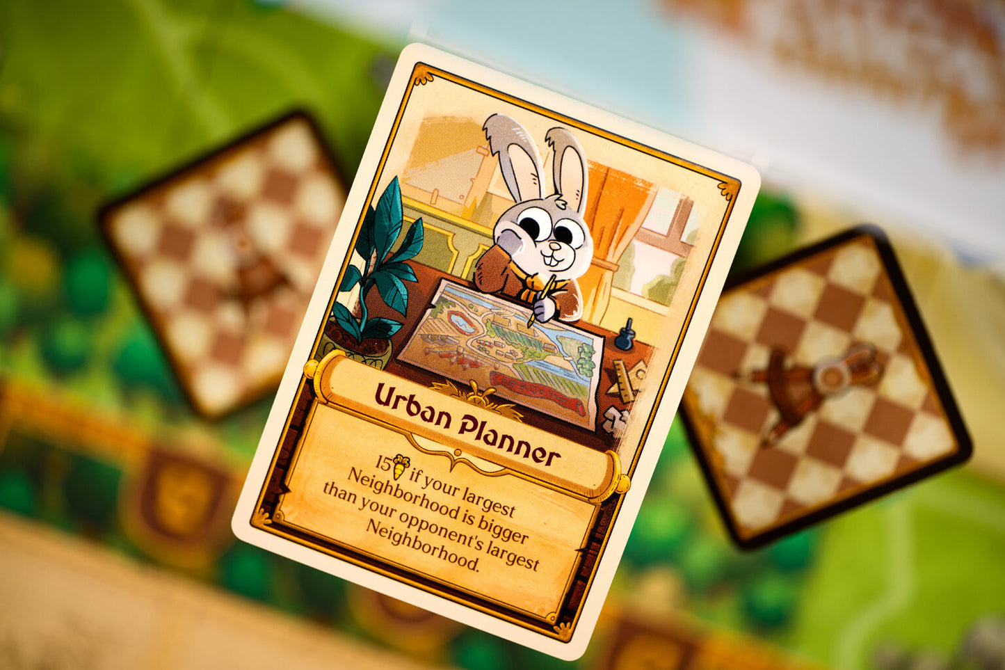 Board game card featuring a rabbit character titled 'Urban Planner' for on a game board for Bunny Kingdom Town.