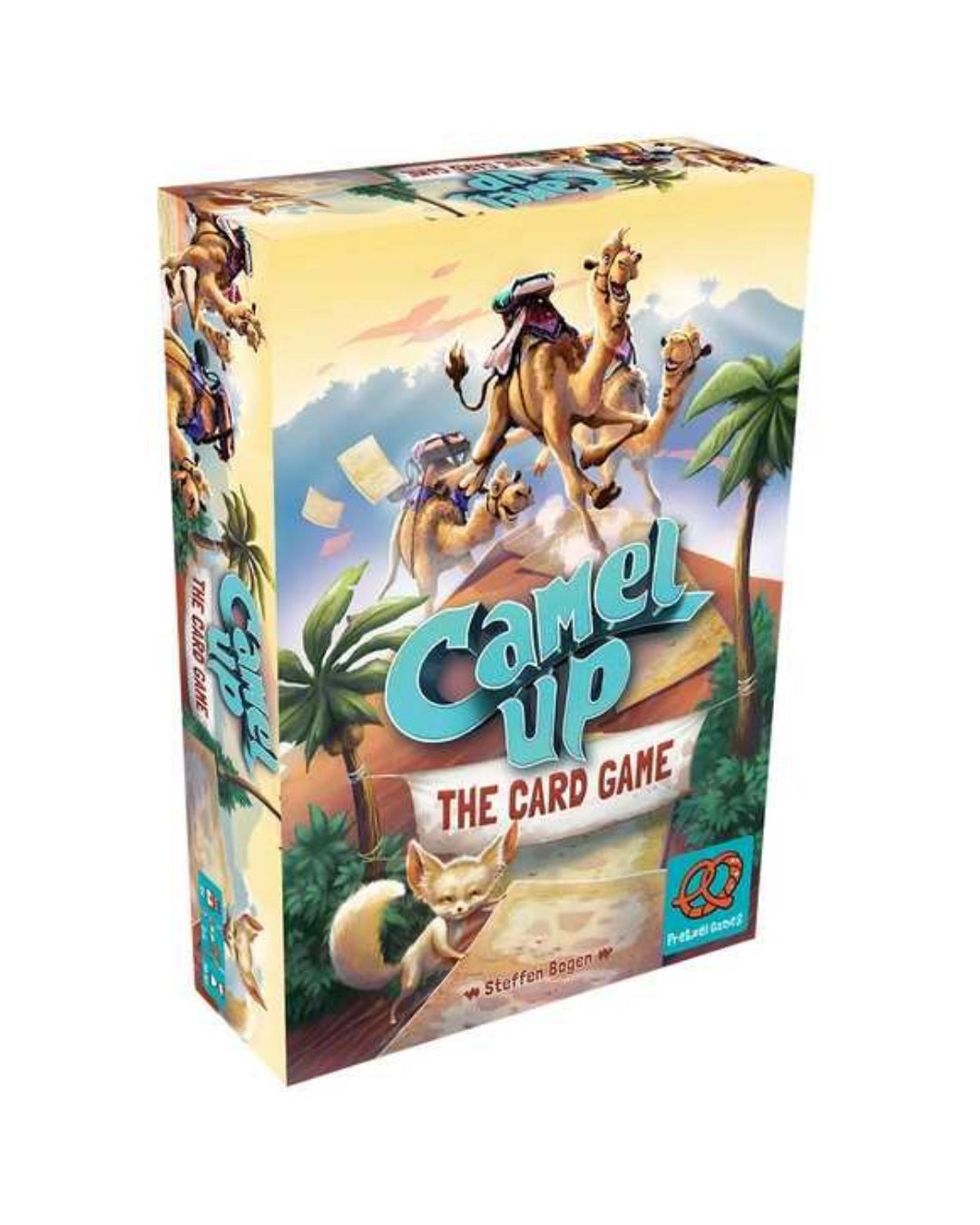 Camel Up: The Card Game board game box shown at a three-quarter angle on a plain white background. The box features colorful desert-themed artwork with camels, palm trees, a fox, and the game title in large blue letters.