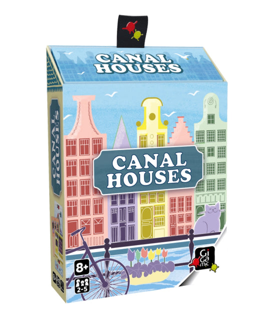 Board game box for 'Canal Houses' with colourful canal houses and a bicycle on a white background.