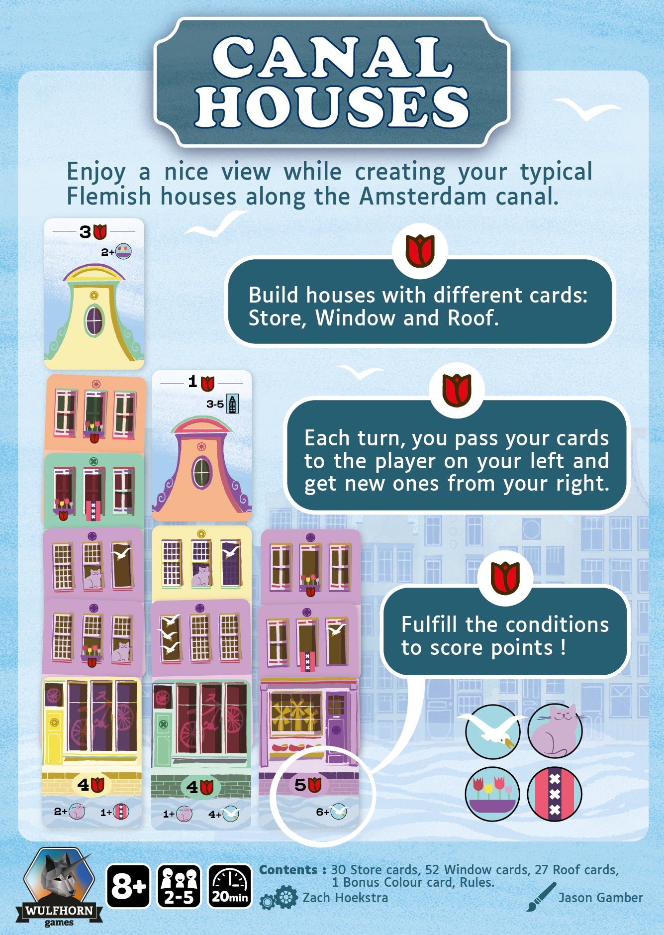 Back of board game box for 'Canal Houses' with colourful canal houses and gameplay instructions