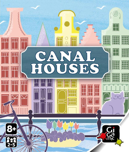 Board game for 'Canal Houses' with colourful canal houses and a bicycle on a white background.
