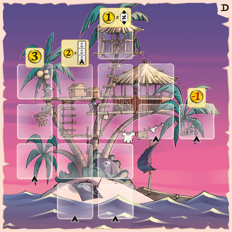 Captain Flip Adventure Plate with an Illustration of a tropical island with palm trees and numbered cards on a pink and purple gradient background.