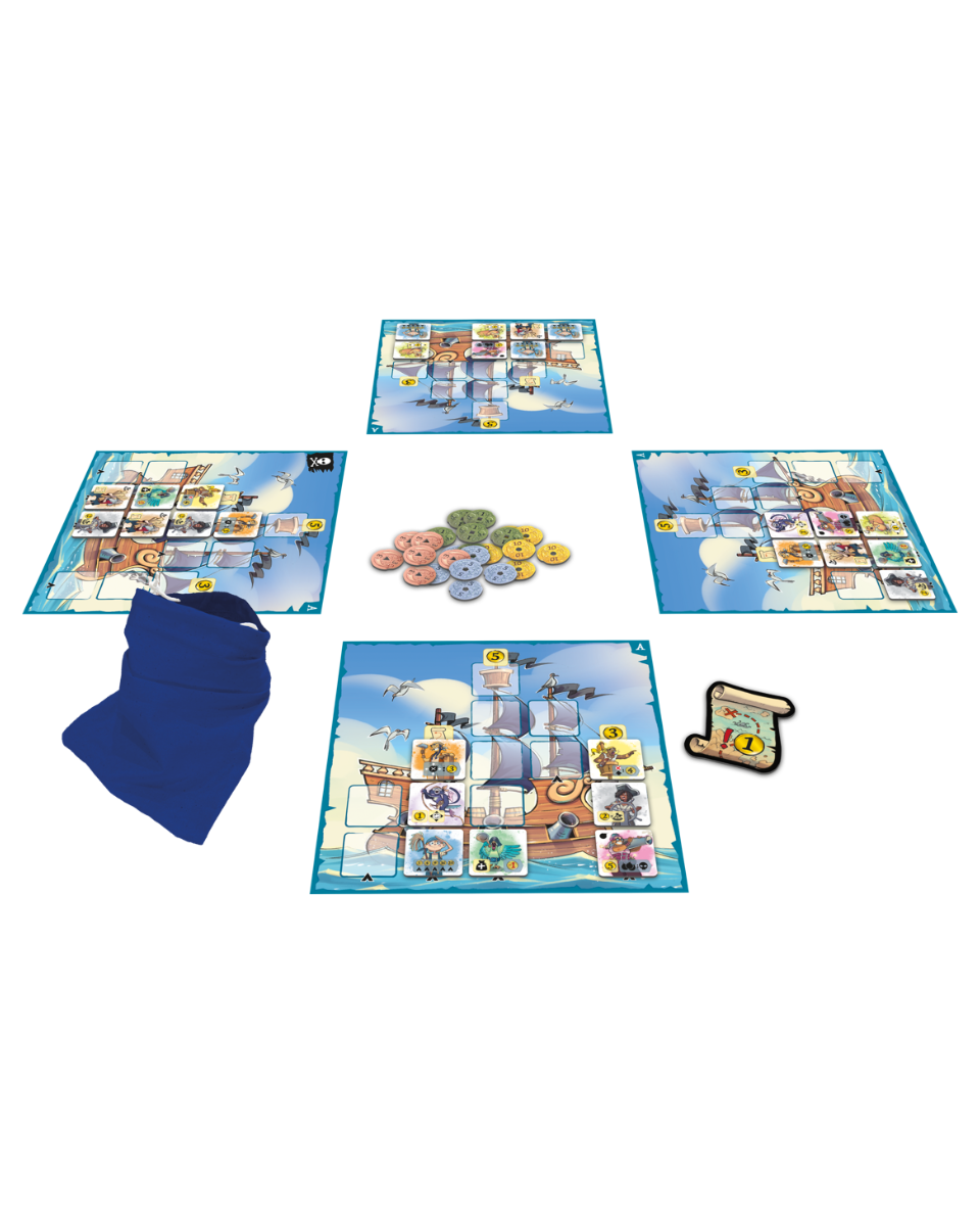Board game set for Captain Flip board game with multiple boards, cards, and pieces on a white background
