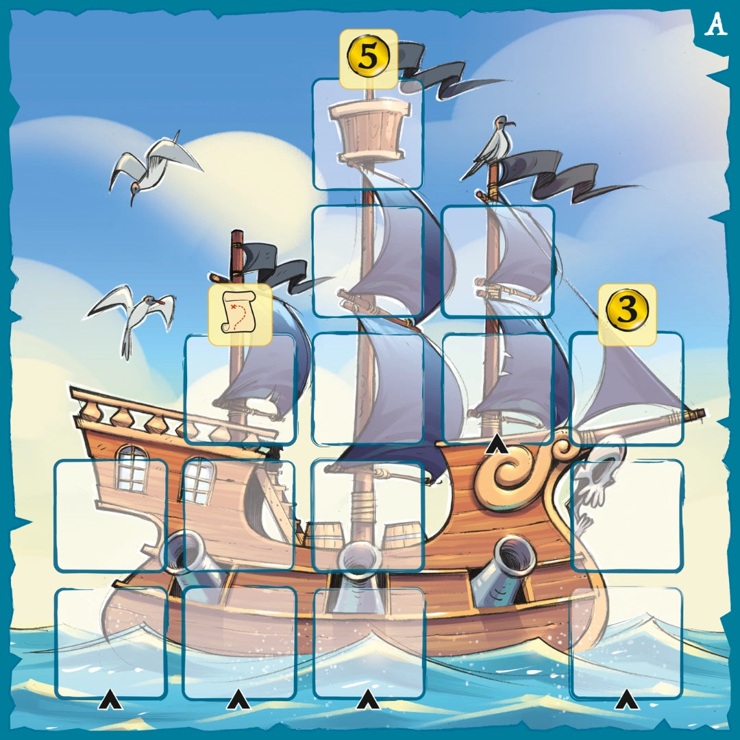 Captain Flip Adventure Plates with a pirate ship illustration and numbered pieces against a blue sky background