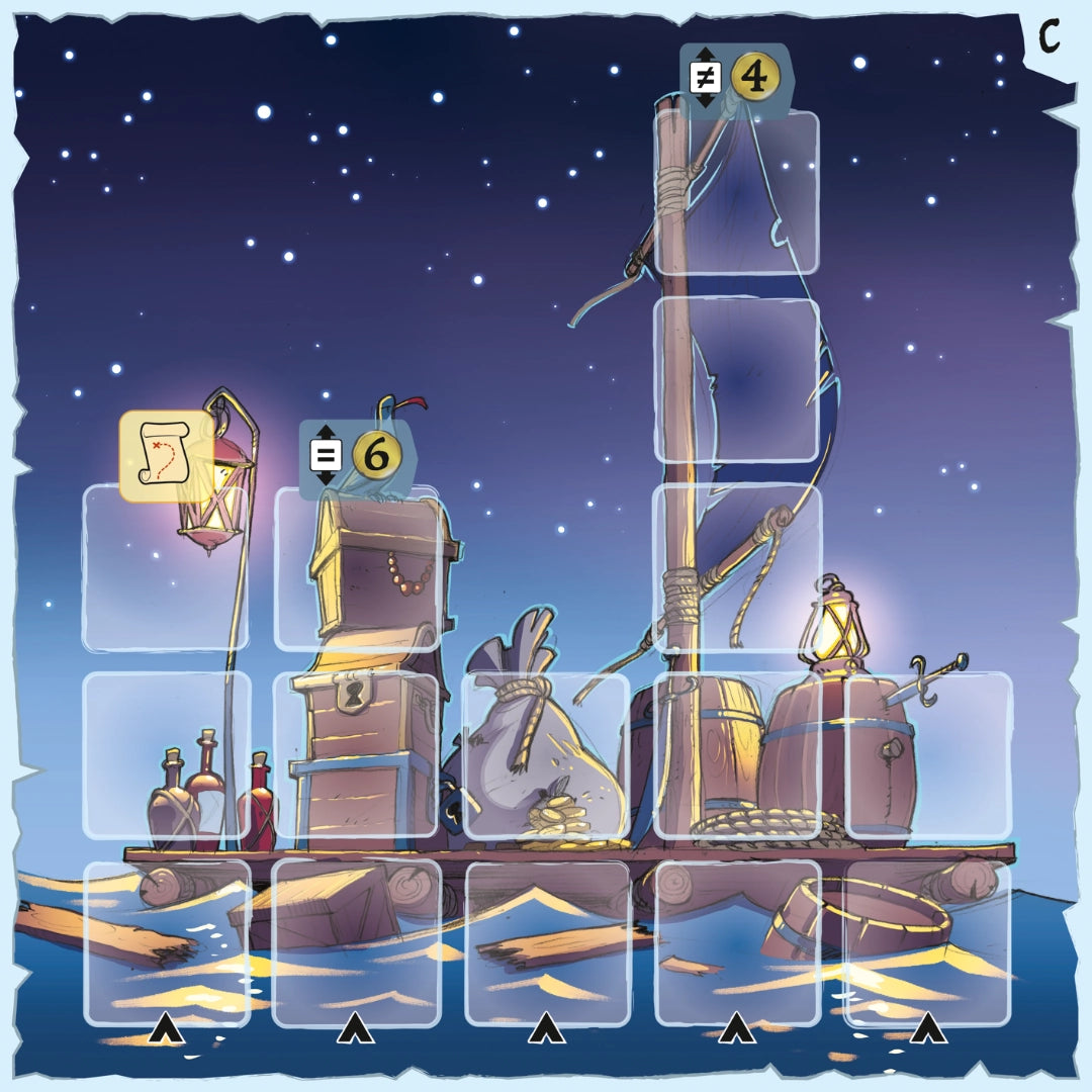 Captain Flip Adventure Plate with various objects floating in the sea on a starry night background