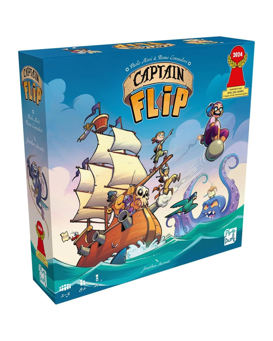 Board game box for 'Captain Flip' with a colourful illustration of a ship and characters on a blue background.